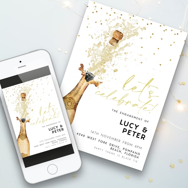 Invitación editable para fiesta con champán, celebración de compromiso, estilo oro blanco (5x7, descarga digital, plantilla para crear tú mismo)