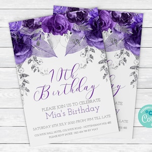 70th Birthday Invitation in Purple and Silver flowers  Birthday Invitation Floral Birthday Invites Card  0056   Instant Download