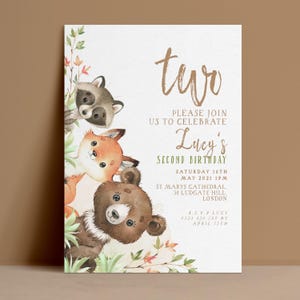 Woodland Birthday Invitation Template, Forest Animals Editable Invite, Bear Fox Raccoon Digital Download, Kids Printable Card