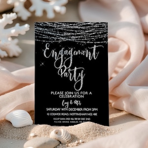 Silver Glitter Engagement Party Invitation – Editable Template, Instant Download, Printable Invite, Corjl, Wedding Announcement