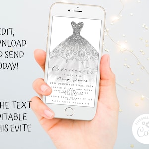 Editable Quinceanera Electronic Invitation Template Digital Invite Glitter Birthday Party invite Sweet 16 Watercolor Silver Dress Glitter