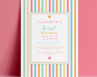 1st First Birthday Invitation Template, Rainbow Stripe Editable Invite, Pastel Digital Download, Kids Printable Card