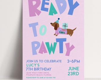 Szablon zaproszenia Ready To Pawty: Urodzinowy projekt z jamnikiem – Edytowalny plik do pobrania, Wydrukowane zaproszenie na przyjęcie dla dzieci