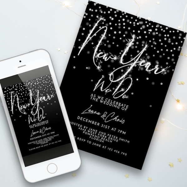 New Years Eve Wedding Invitation Silver Glitter party Invite Party Editable Printable Instant Download