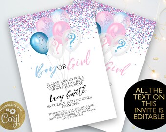 Editable Gender Reveal Baby Shower Party Invitation Instant Download Invite Blue Pink Shower Printable