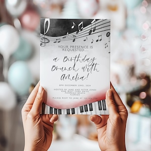 Invitation brunch d'anniversaire Notes de musique Touches de piano Invitation imprimable modifiable Téléchargement instantané Modèle modifiable Corjl