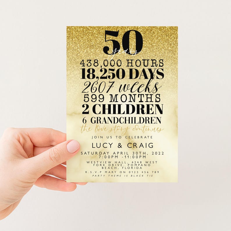 The image is a 50th birthday invitation for a family celebration.