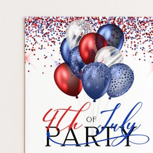 a festive scene with a group of colorful balloons floating in the air, surrounded by confetti. The text "4th of July PARIS" is prominently displayed, indicating that this is likely a celebration of the 4th of July in Paris.