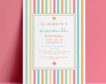 11th Birthday Invitation Template, Rainbow Stripe Editable Invite, Pastel Digital Download, Kids Tween Printable Card