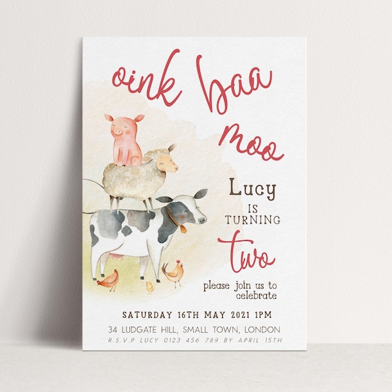 Farm Birthday Invite - Editable Barnyard Animals Template - Rustic Kids Party, Digital Download, Toddler 2nd Birthday