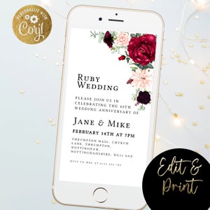 Anniversary Electronic Invitation Ruby Digital Invitation 40 years Ruby Wedding Anniversary mobile phone invite Template SMS Invitation