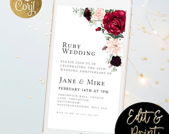 Anniversary Electronic Invitation Ruby Digital Invitation 40 years Ruby Wedding Anniversary mobile phone invite Template SMS Invitation