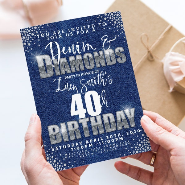 Denim and Diamonds Theme Birthday Invitations Editable Instant Download Template All Text Editable Any Age Occasion
