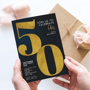 Editable 50th Birthday Invitation, 50th Birthday Party Invite, Digital Invite, Instant Download Black Gold Fifty Years Old Invite for Men