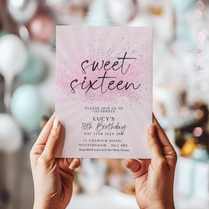 Sweet 16 Birthday Invitation, Pink Elegant Invite, Editable Party Template, Printable Sixteenth Birthday Card for Girls Digital Download