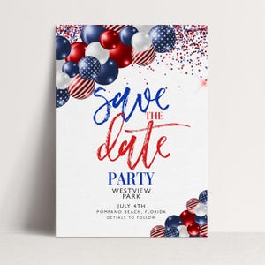Invitación para reservar la fecha del 4 de julio, invitación a fiesta patriótica, celebración del Día de la Independencia, invitación roja, blanca y azul.