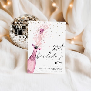 Roze champagne 21e verjaardagsuitnodiging – bewerkbare Corjl-sjabloon, Sparkle-feestuitnodiging, digitale download voor Glam Milestone-verjaardag