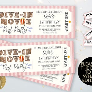 Backyard Movie Night Pool Party druckbares Ticket einladen rosa Vorlage bearbeitbare Film unter den Sternen Filmparty im Freien digitaler Download