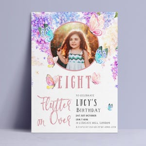 Butterfly Birthday Invitation With Photo, Editable Flutter Over 8th Party Invite, Girls Digital Download, Printable Template