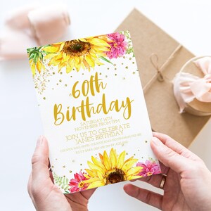 Convite de 60º aniversário para mulheres, modelo de convite para festa floral com girassóis, download digital editável para impressão para evento marcante