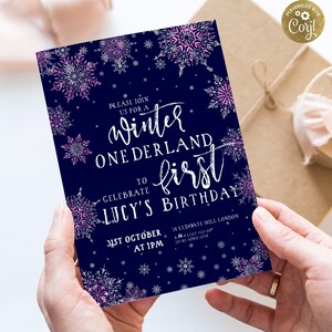 Winter Onederland Invitation Pink Silver Girl Snowflake Editable First Birthday Winter Wonderland Invites 1st Birthday Template Download