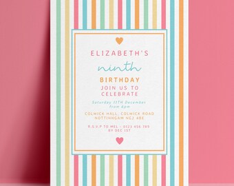 9th Ninth Birthday Invitation Template, Rainbow Stripe Editable Invite, Pastel Digital Download, Kids Printable Card