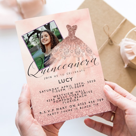 Quinceanera Invitation Rose Gold Glitter Photo 15th Birthday Dress