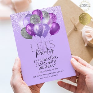 Editable Purple Birthday Invitation Any Age Invite Lilac Balloons and Glitter Printable Template Text Email Invite