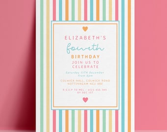 4th Fourth Birthday Invitation Template, Rainbow Stripe Editable Invite, Pastel Digital Download, Kids Printable Card