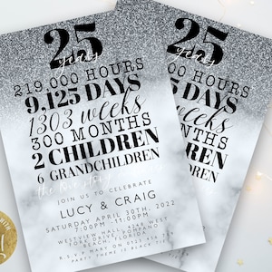 Faire-part 25 ans d'existence Modèle d'invitation modifiable pour noces d'argent Anniversaire de mariage en argent Téléchargement instantané Imprimable