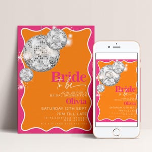 The image is a promotional poster for a bridal shower event, featuring a pink and orange background with disco balls and text inviting guests to join for a bridal shower for Olivia.