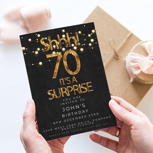 Invito a sorpresa modificabile per il 70° compleanno, modello stampabile, semplice ed elegante, nero e oro, per lui o per lei, download immediato, stampabile SE20