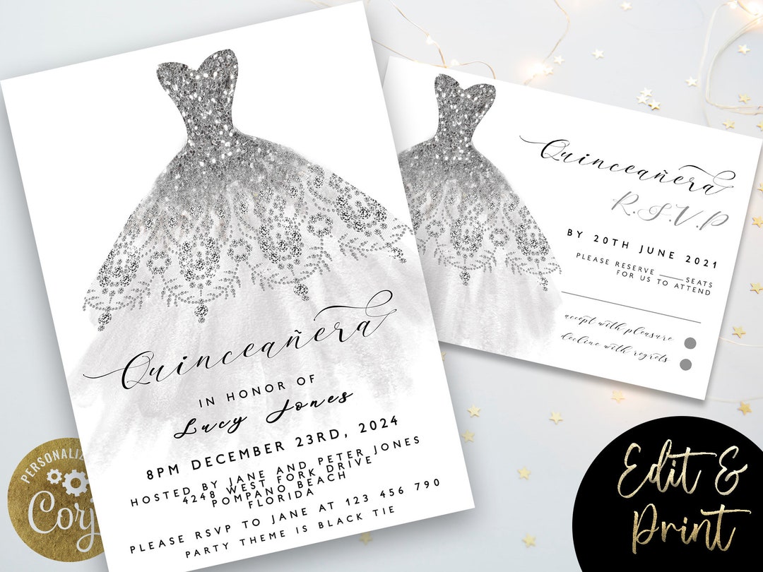 Quinceanera Invitation Plus RSVP Silver15th Birthday Dress Glitter ...