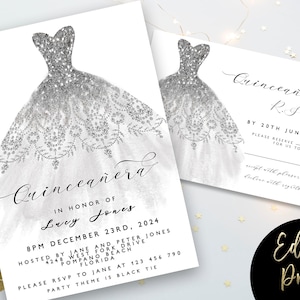 Quinceanera Invitation Plus RSVP Silver15th Birthday Dress Glitter Editable Instant Download Printable Corjl Template Quince Invite