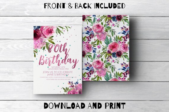 80th Birthday Invitation Editable Birthday Invite with Berries and Flowers Downloadable Birthday Invitations Birthday Template Printable Il_570xn