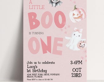 Spooky One Invite: Pink Halloween Ghosts & Pumpkin - Editable Corjl Template, Printable 5x7 Birthday Invitation
