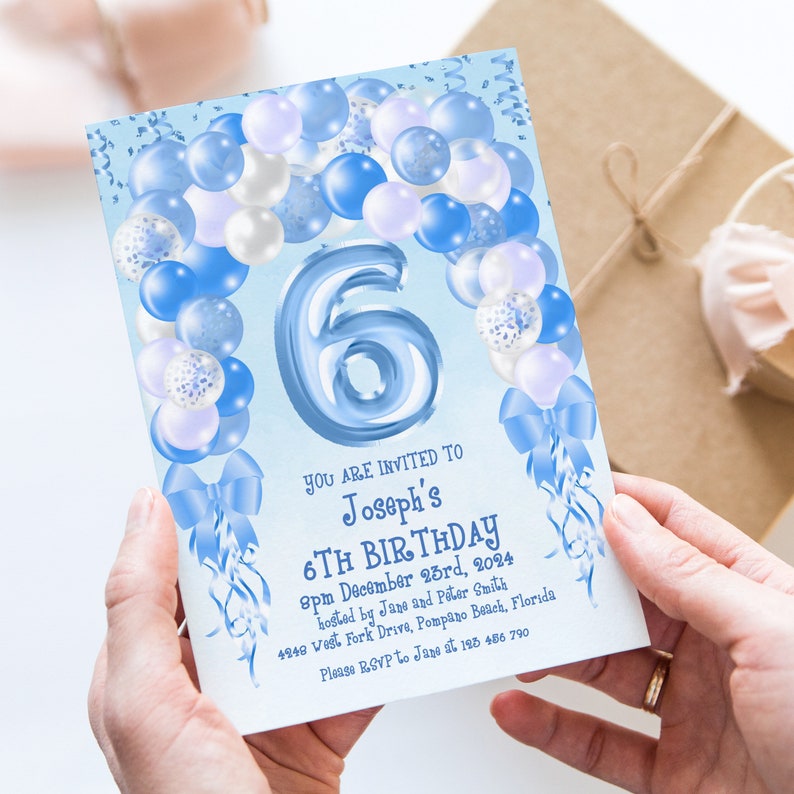 6th Birthday Invitation Template Editable Blue Balloon Arch Etsy Uk