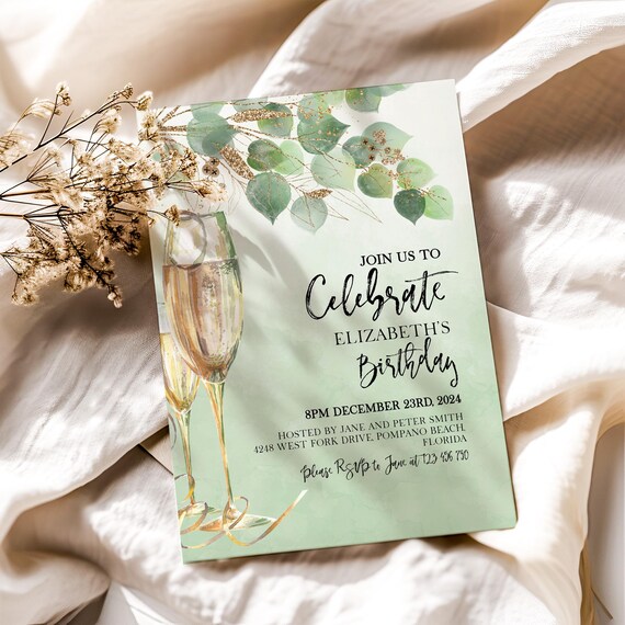 Champagne Party Celebrate Invitation Greenery Eucalyptus Invite Any Occasion Instant Download Editable Printable Template Corjl