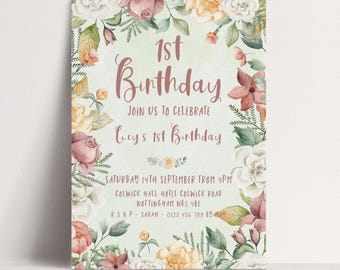 1st Birthday Floral Invite Pastel Garden Party, Editable Digital Template (Printable 5x7, DIY Download)