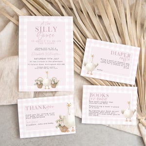 Silly Goose Baby Shower Bundle Girl, bewerkbare Corjl-sjabloonset, boeken voor baby, luierloterij, bedankt, uitnodigen, roze pastel SG21