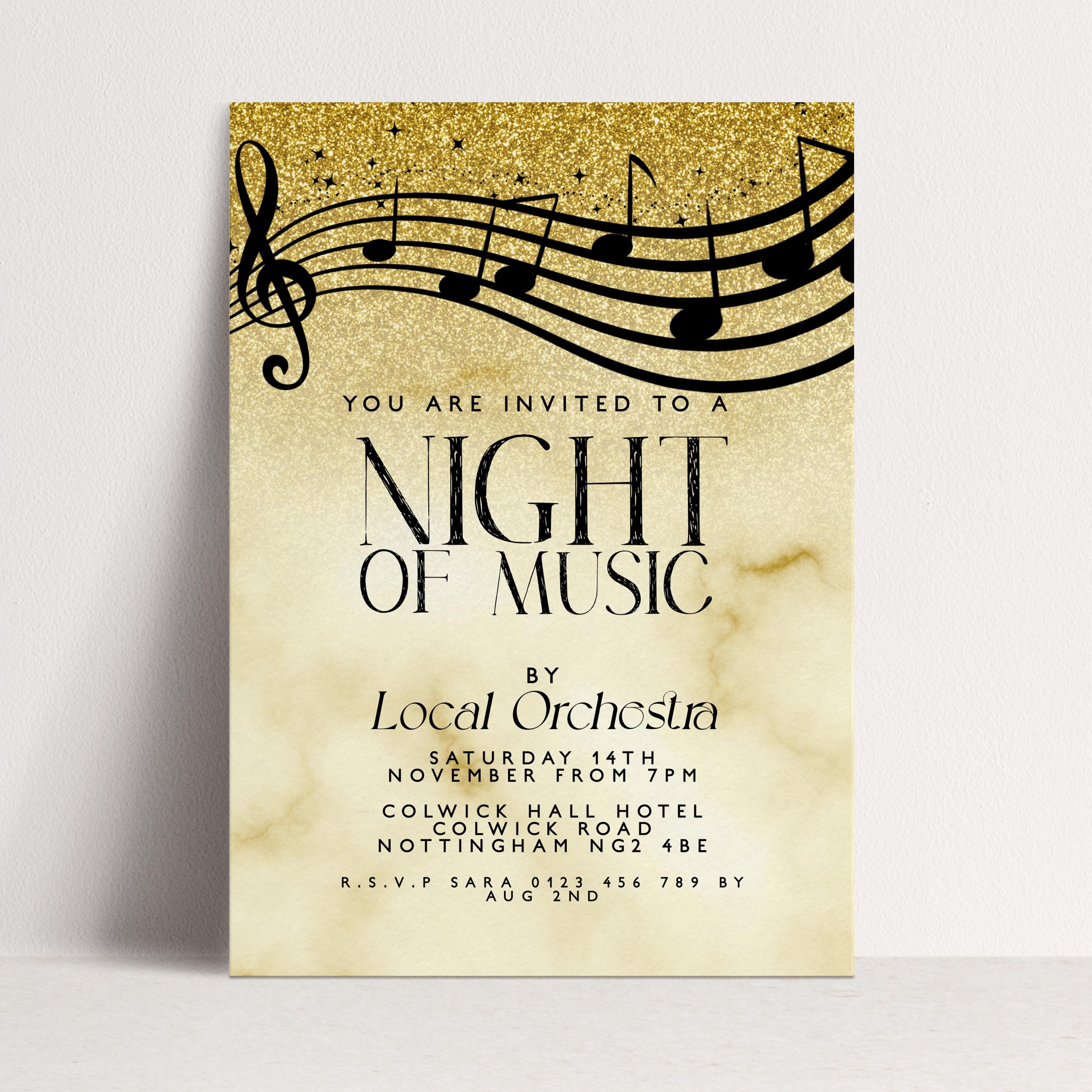 アート・デザイン・音楽 Invitation Music Event Invite Elegant Concert Invitation, Gold Black Design