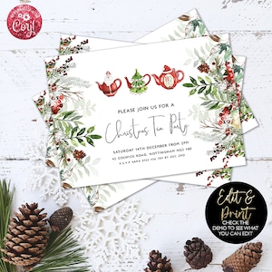 Christmas Tea Party Invitation Holiday Tea Party Invitation Tea Party Invitation Template Christmas Party Flyer Instant Download Corjl