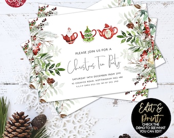 Christmas Tea Party Invitation Holiday Tea Party Invitation Tea Party Invitation Template Christmas Party Flyer Instant Download Corjl