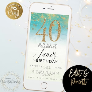 Birthday Party invite Electronic Invitation Template Any Age Digital Invite Turquoise and Gold Glitter Birthday Party invite Edit Age