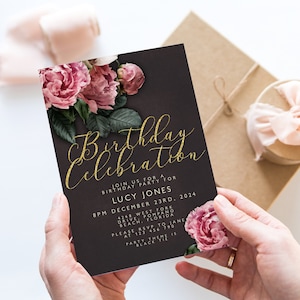 Convite de aniversário floral rosa blush, modelo EDITÁVEL, convite de aniversário floral para impressão feminino, convite feminino de qualquer idade, peônia rosa preta