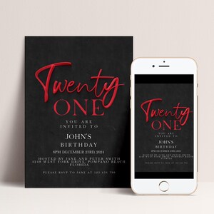21st Birthday Invite Red Black Theme: Bold Elegant Party Invitation (Editable Template, Printable PDF, Instant Download) image 2