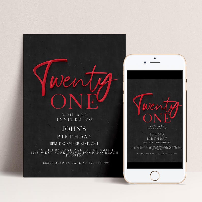 21st Birthday Invite Red Black Theme: Bold Elegant Party Invitation (Editable Template, Printable PDF, Instant Download) image 2