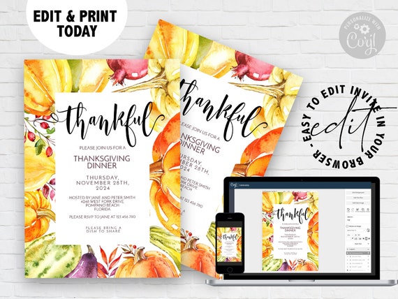 Editable Thanksgiving Invitation Pumpkin Invitation fall Thanksgiving Invitation Printable Instant Download Editable Template Il_570xn