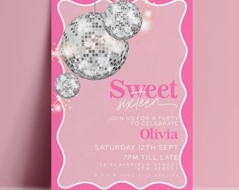 Sweet 16 Invite Printable Invitation: Pink Wave Disco Ball Theme, Editable Digital Template (5x7 Inches, Instant Download)