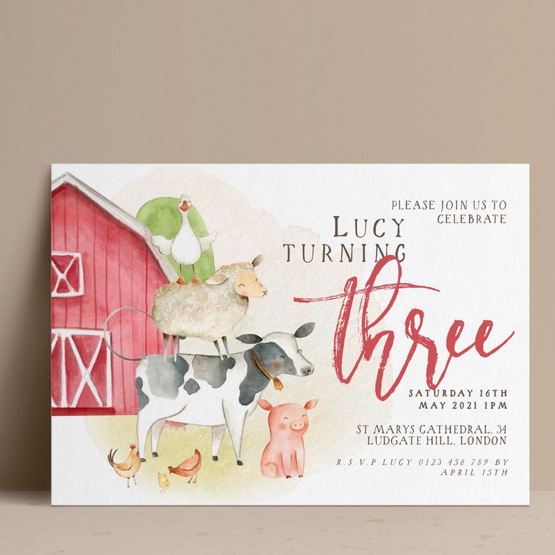 The image is a birthday invitation for a girl named Lucy, who is turning three years old. The invitation features illustrations of farm animals, including a cow, pig, chicken, and sheep, along with a red barn in the background.